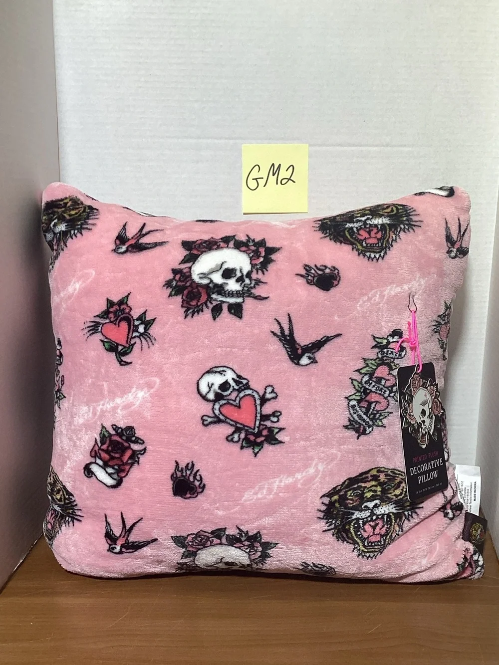 Ed Hardy Pink Skull & Rose Plush Decorative Pillow